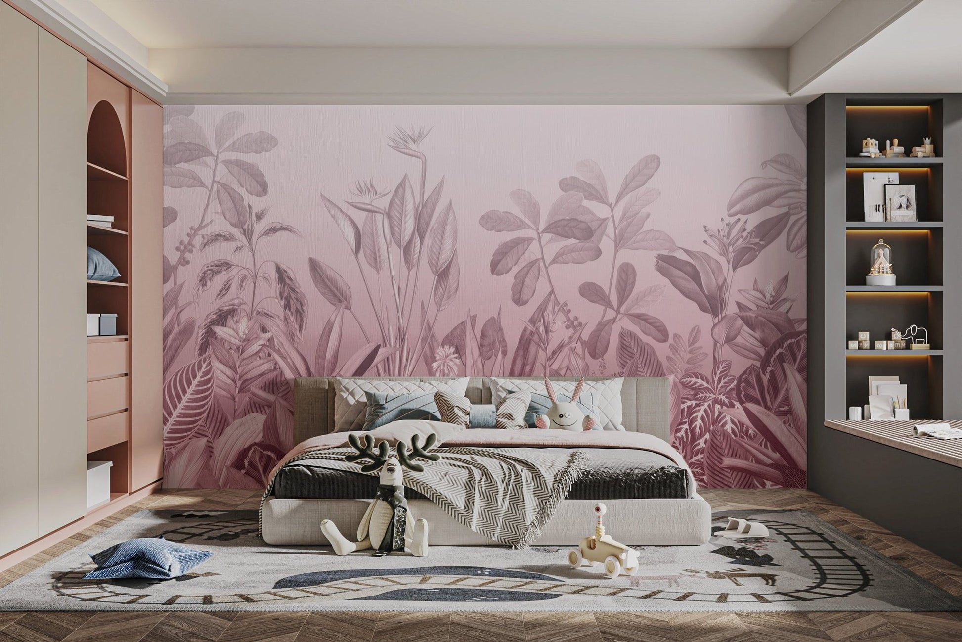 Blush botanical wallpaper with layered jungle leaves art.
