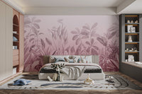 Blush botanical wallpaper with layered jungle leaves art.