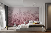 Monochrome pink foliage wall mural in soft pastel wallpaper style.