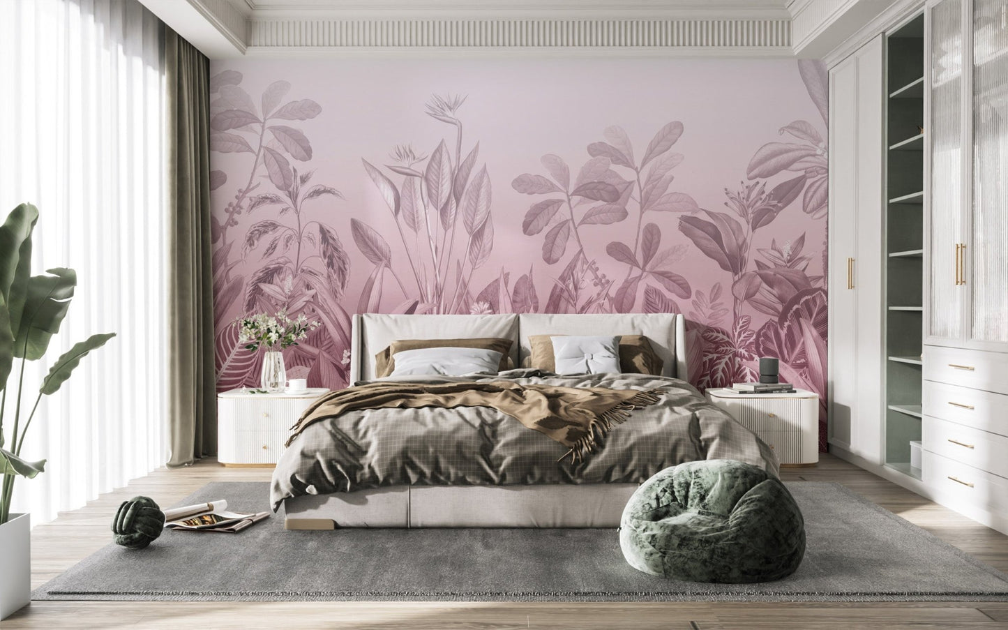 Botanical leaf wall mural in muted pink color palette.