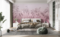 Botanical leaf wall mural in muted pink color palette.