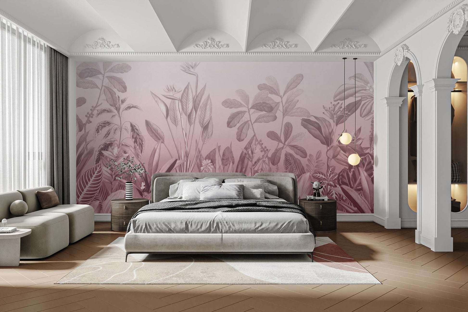 Contemporary botanical wall mural in dusty rose shades.