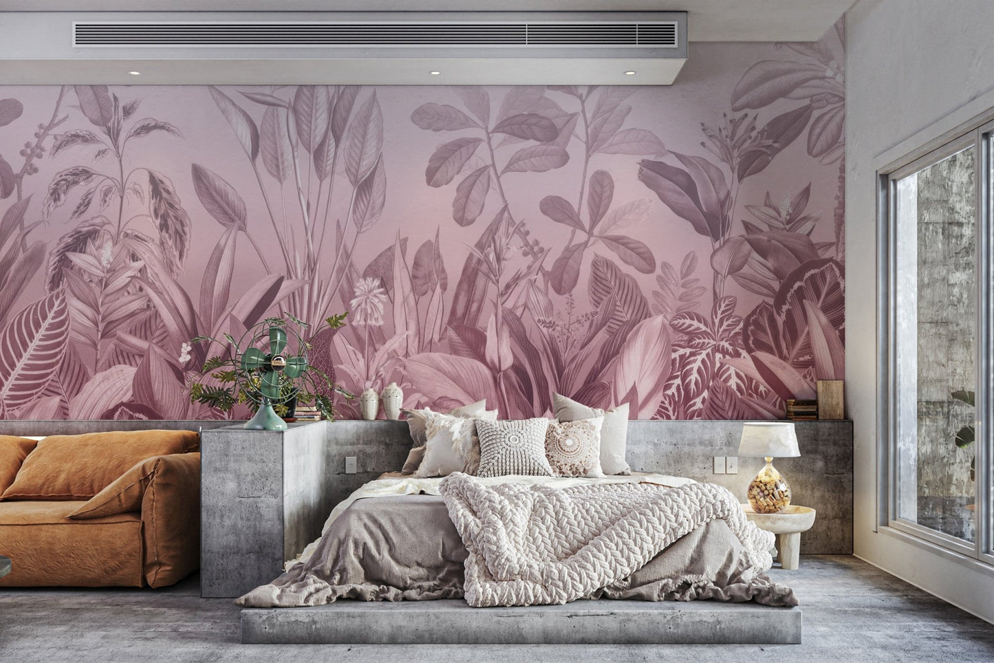 Pink jungle inspired wallpaper with fine line plant artwork.