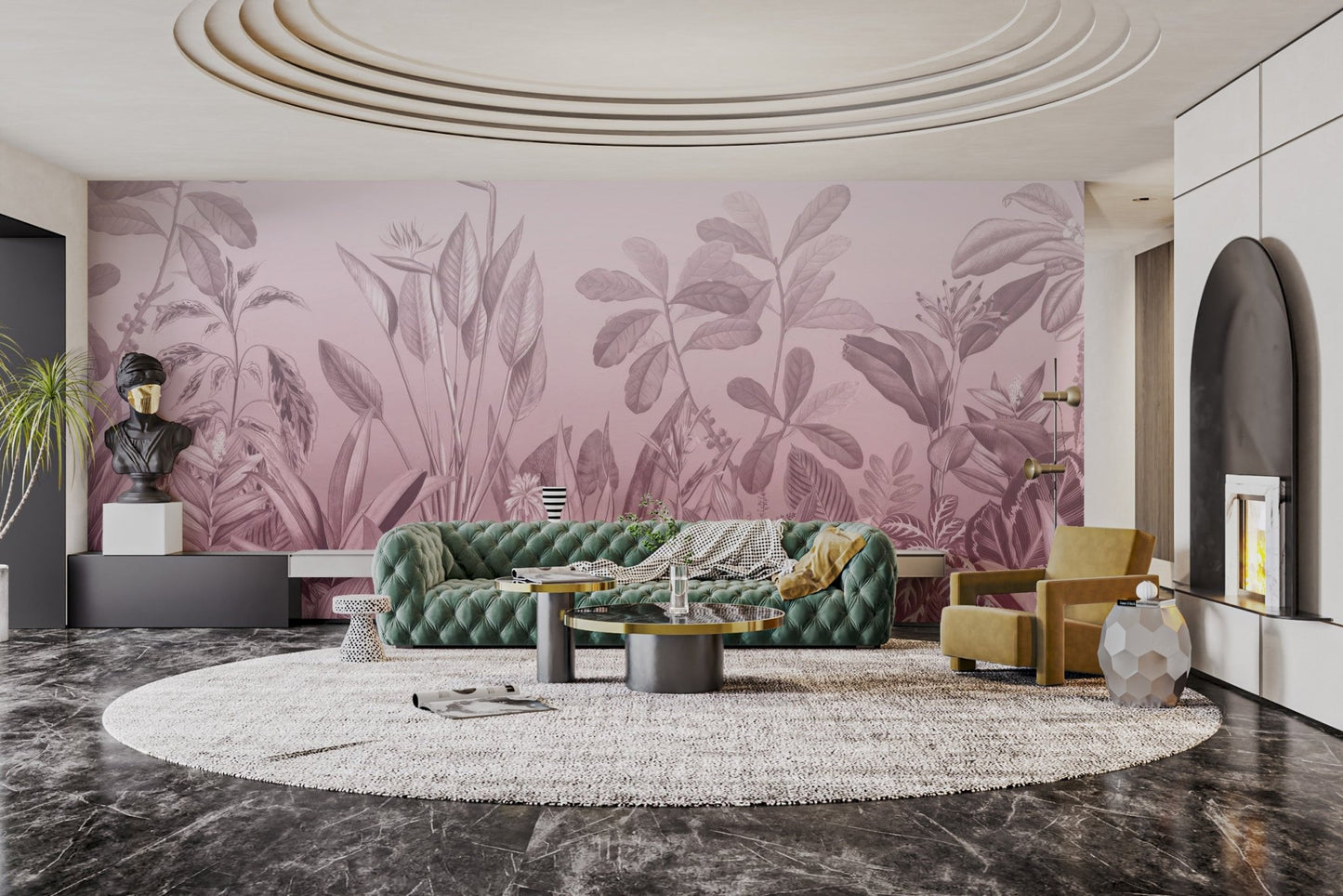 Pink botanical wall mural with tropical leaf wallpaper design.
