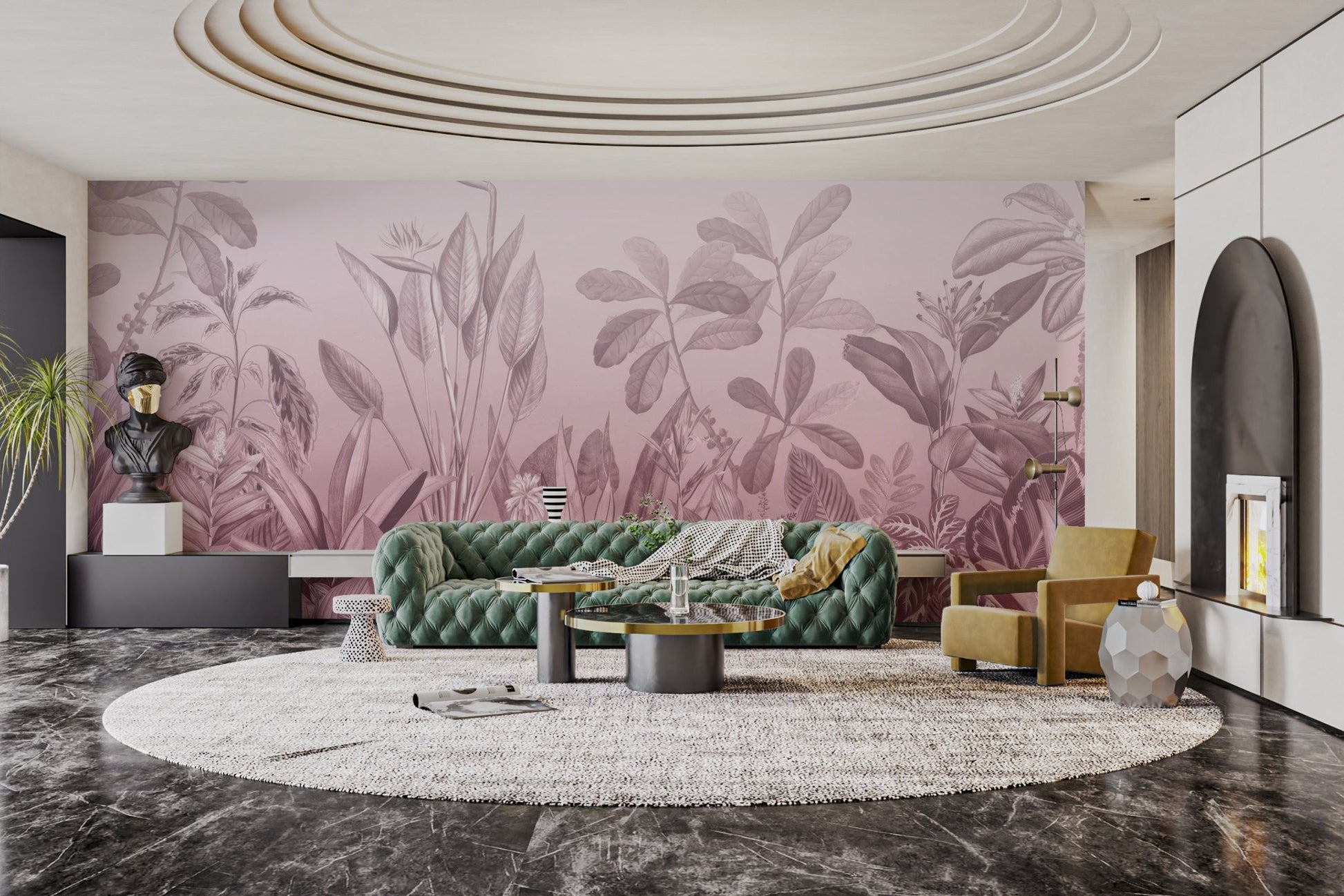 Pink botanical wall mural with tropical leaf wallpaper design.