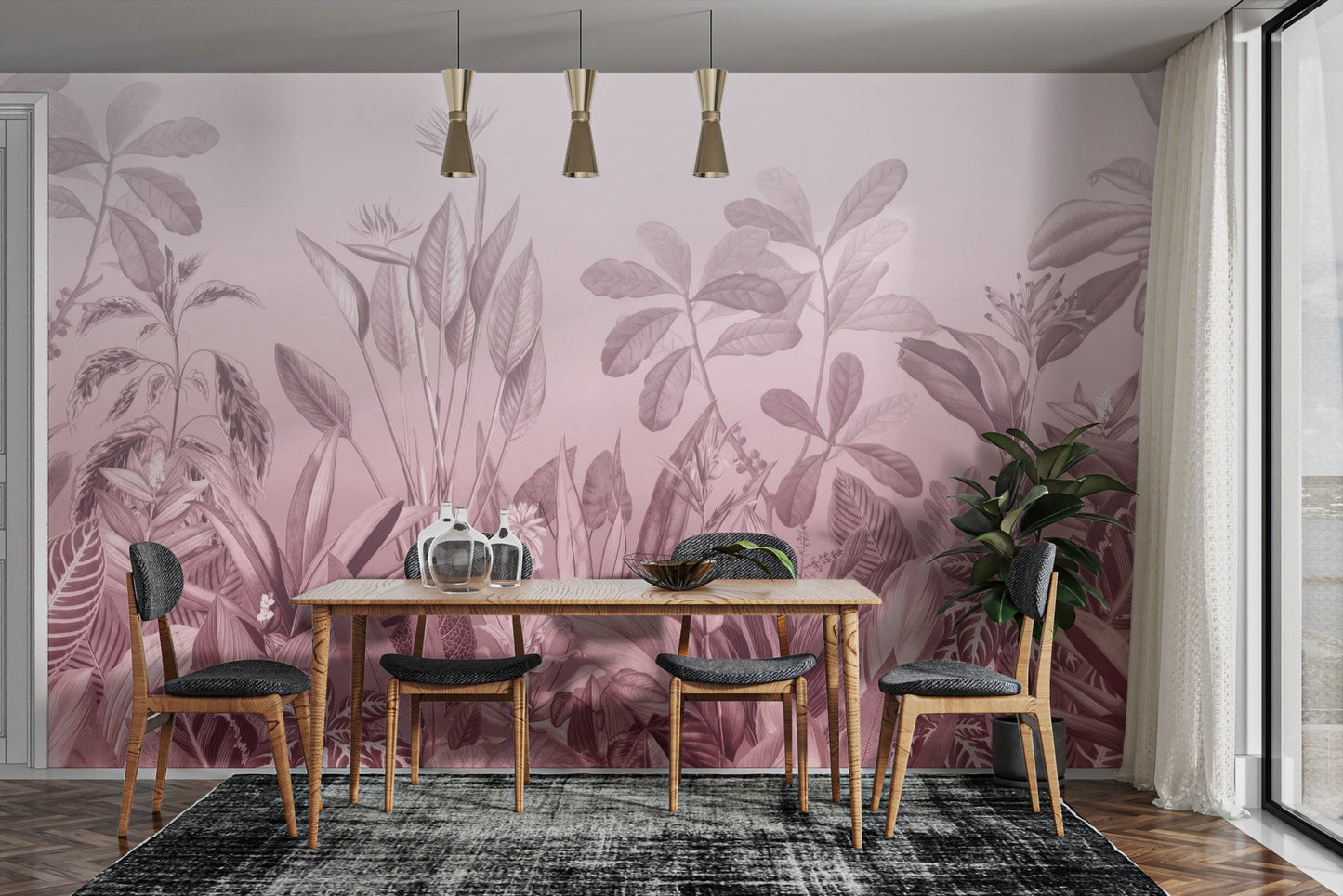 Modern pink plant wall mural with detailed leaf illustration.
