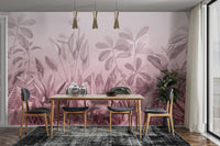 Modern pink plant wall mural with detailed leaf illustration.