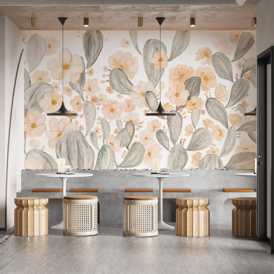 Pink cactus flower wallpaper mural with watercolor desert blooms in peach and sage.