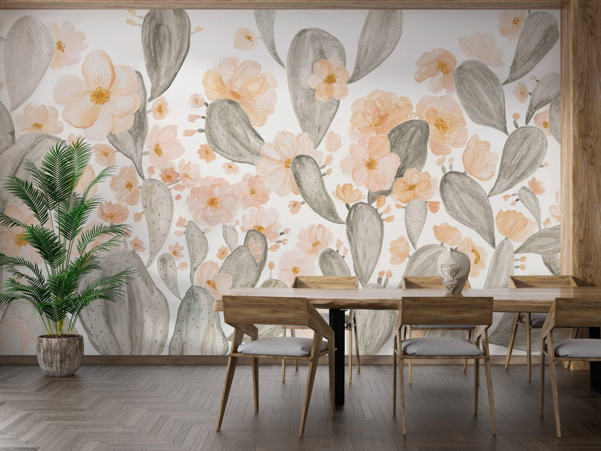 Minimalist desert plant wallpaper with airy pink floral accents and green stems.