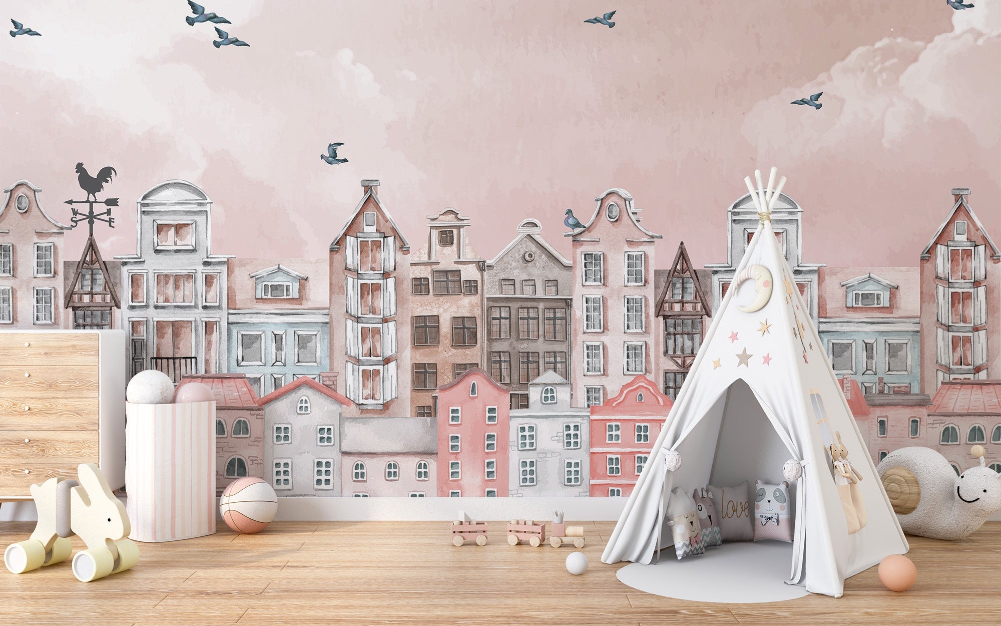 Pink cityscape wall mural pastel skyline wallpaper design.