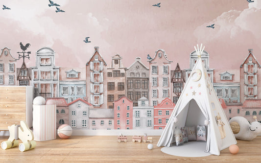 Pink cityscape wall mural pastel skyline wallpaper design.