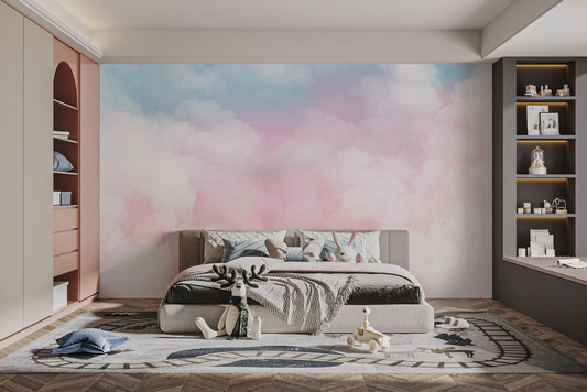 Pastel pink and blue sky wall mural with fluffy white cloud textures.
