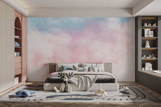 Pastel pink and blue sky wall mural with fluffy white cloud textures.