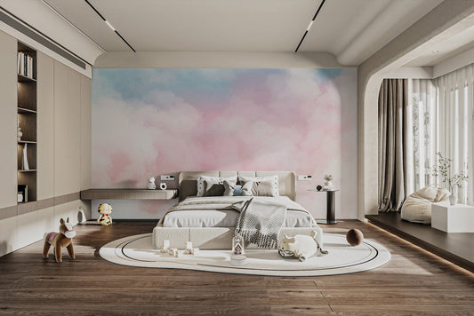 Soft pink clouds wallpaper mural with a dreamy watercolor sky effect.