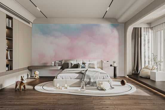 Soft pink clouds wallpaper mural with a dreamy watercolor sky effect.