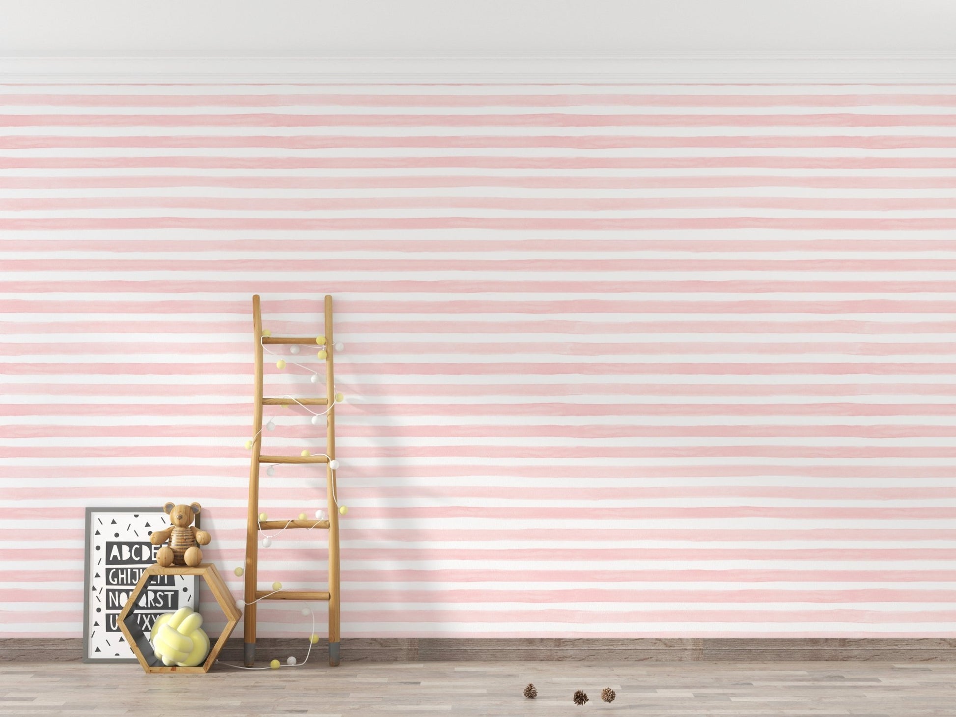 Pink watercolor effect wallpaper in a room with a ladder and storage.