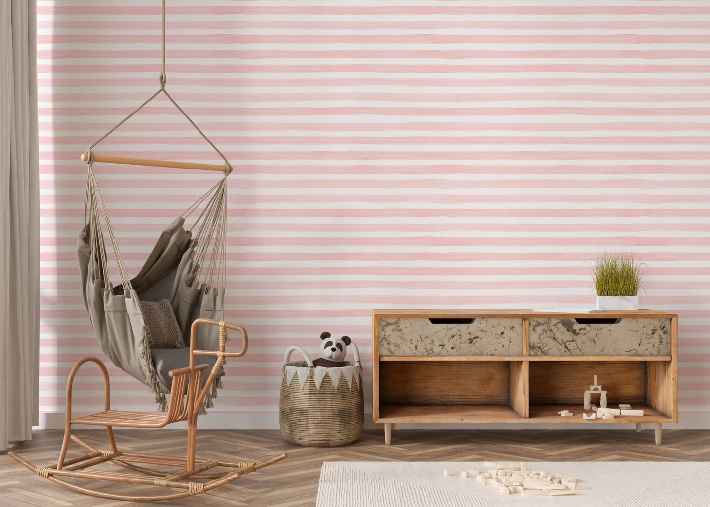 Pink Color Abstract Stripe Watercolor Wallpaper in a living with a hanging chair.