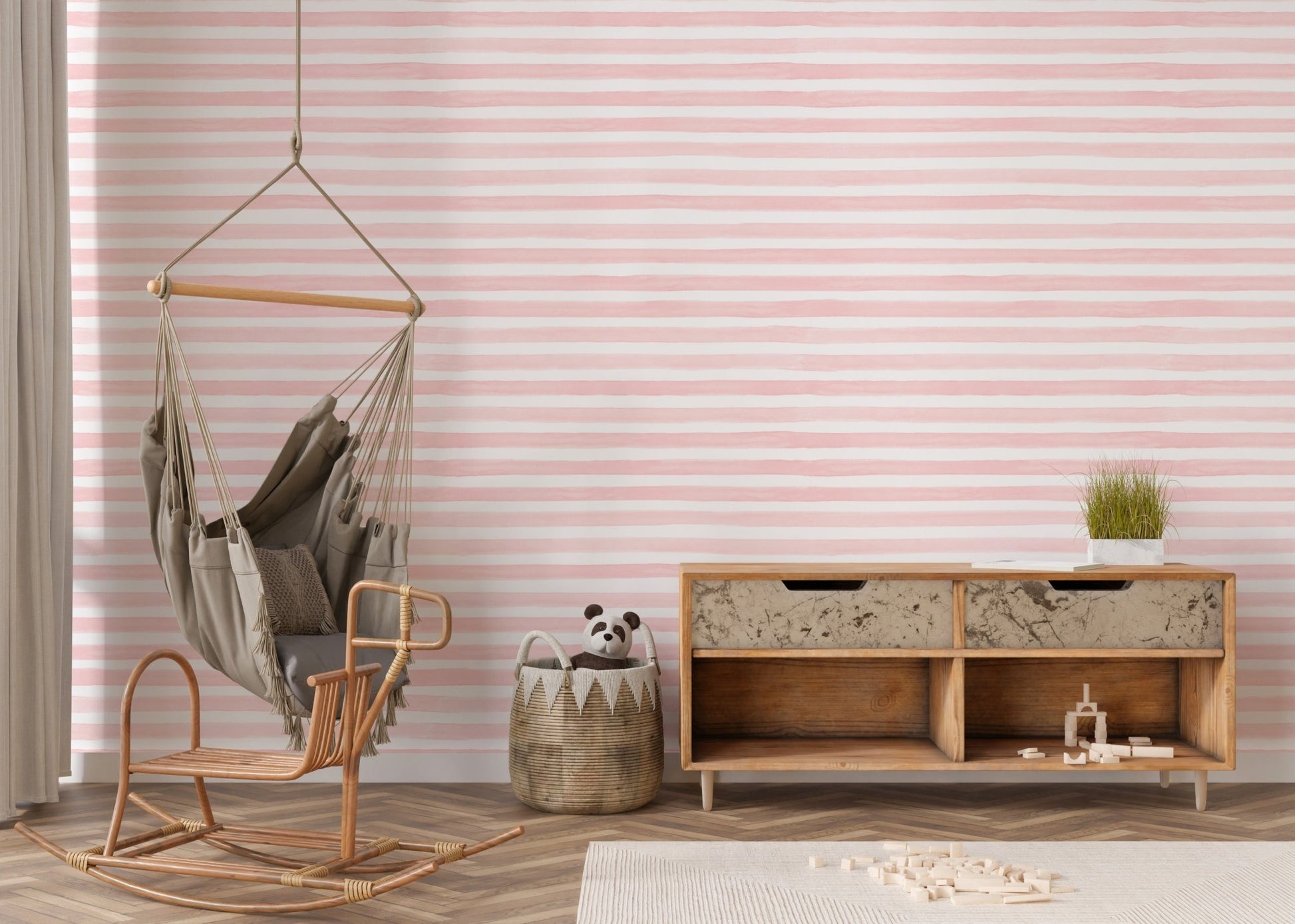 Pink Color Abstract Stripe Watercolor Wallpaper in a living with a hanging chair.