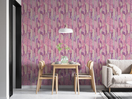 Elegant pink geometric Deco wallpaper in dining room.