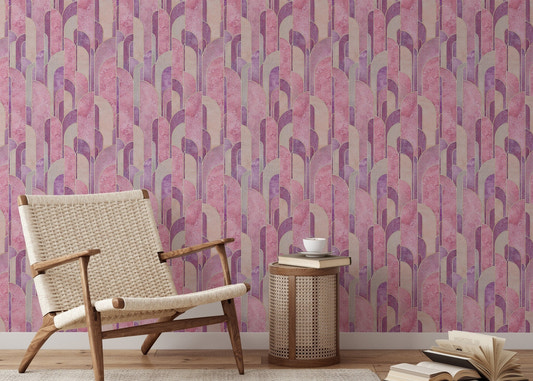 Pink Deco geometric design wallpaper for reading room walls.