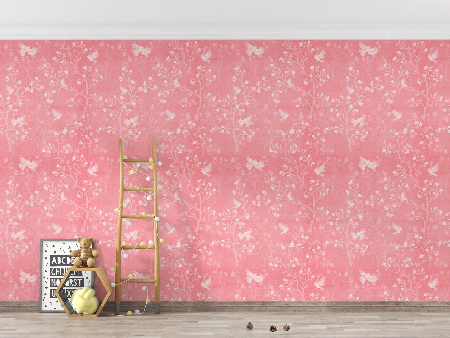 Kids play area with pink magnolia wallpaper and a small wooden ladder.