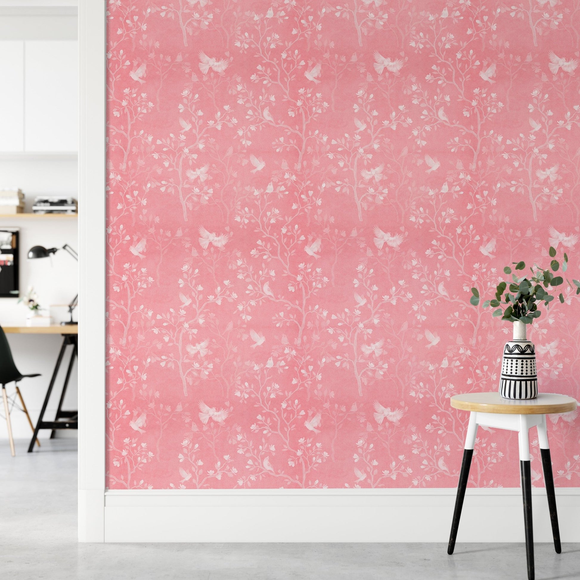 Pink Color Chinoiserie Pattern Magnolia Tree Birds Wallpaper in a bright hallway,