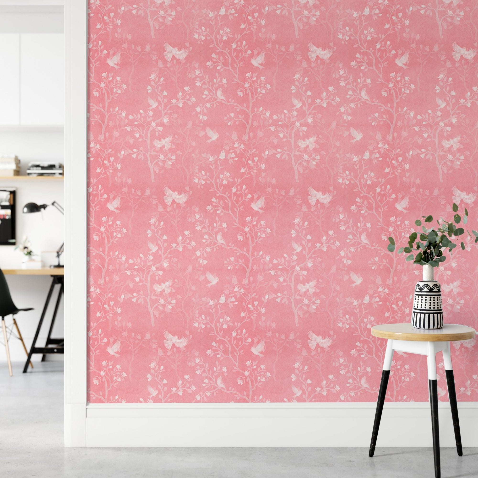 Pink Color Chinoiserie Pattern Magnolia Tree Birds Wallpaper in a bright hallway,
