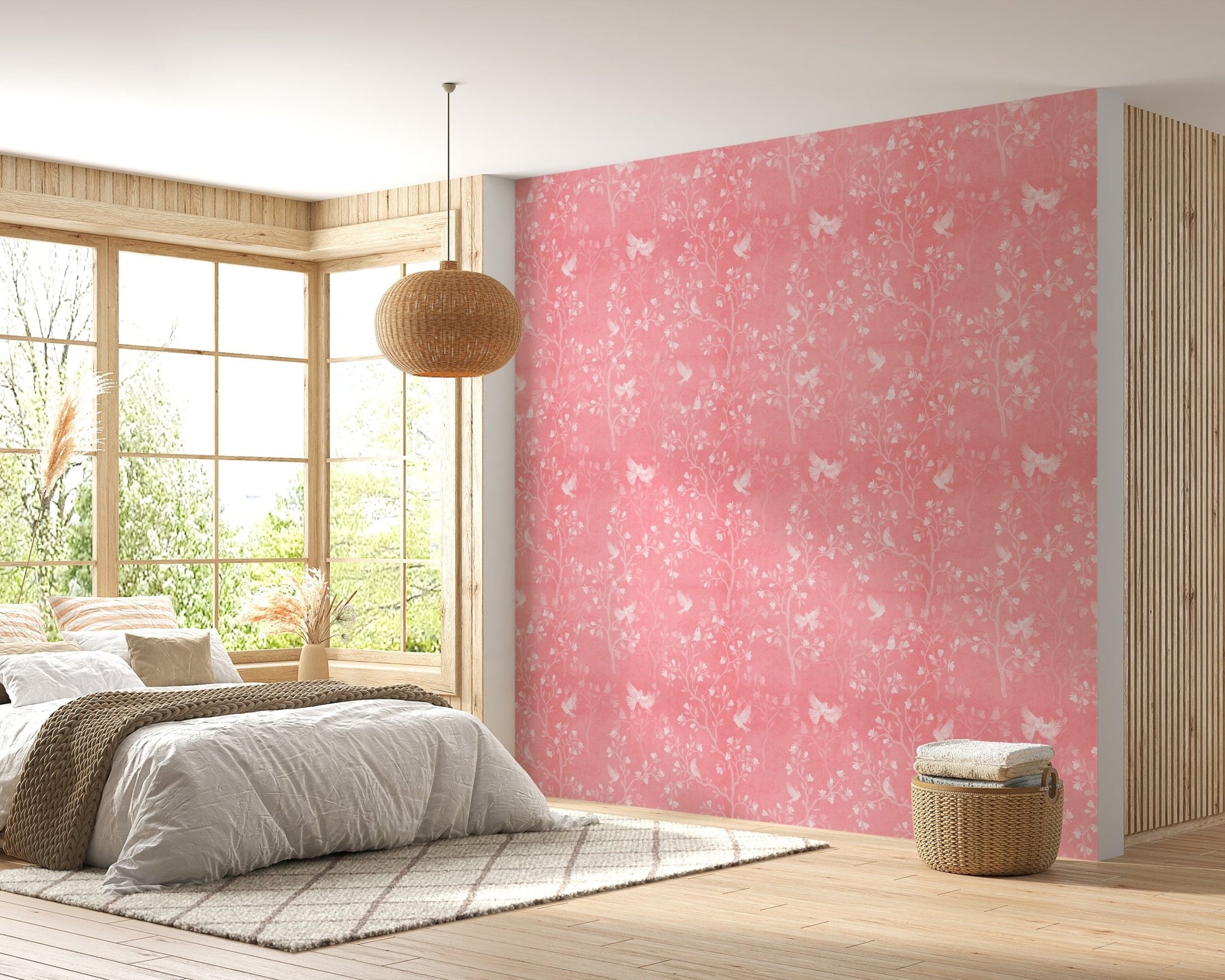 Bedroom wall decorated with pink magnolia tree and birds wallpaper.