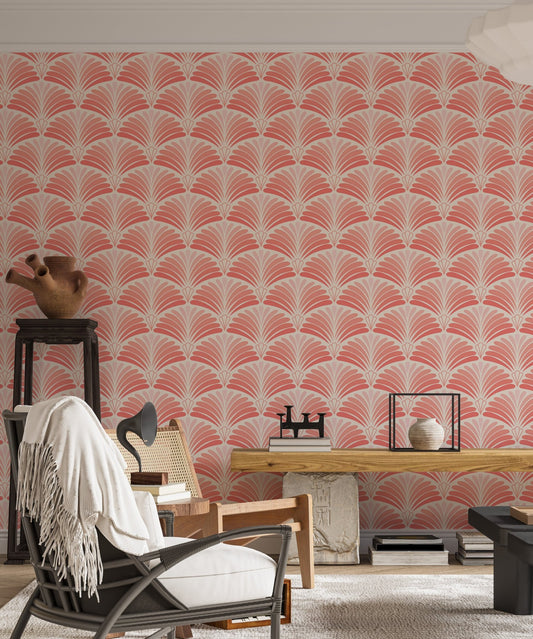 Pink Color Japanese Art Pattern Wallpaper in a minimalist living room.