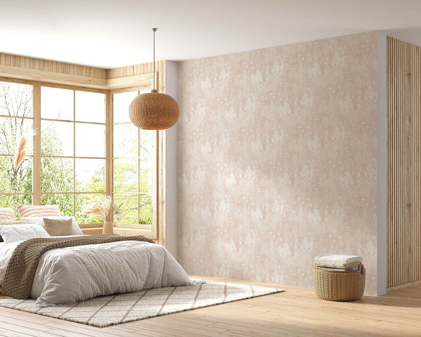 Large botanical wallpaper in a sunlit bedroom with a floor lamp