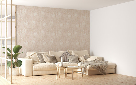 Pink Color Nostalgic Botanical Leaf Pattern Wallpaper in a modern living room