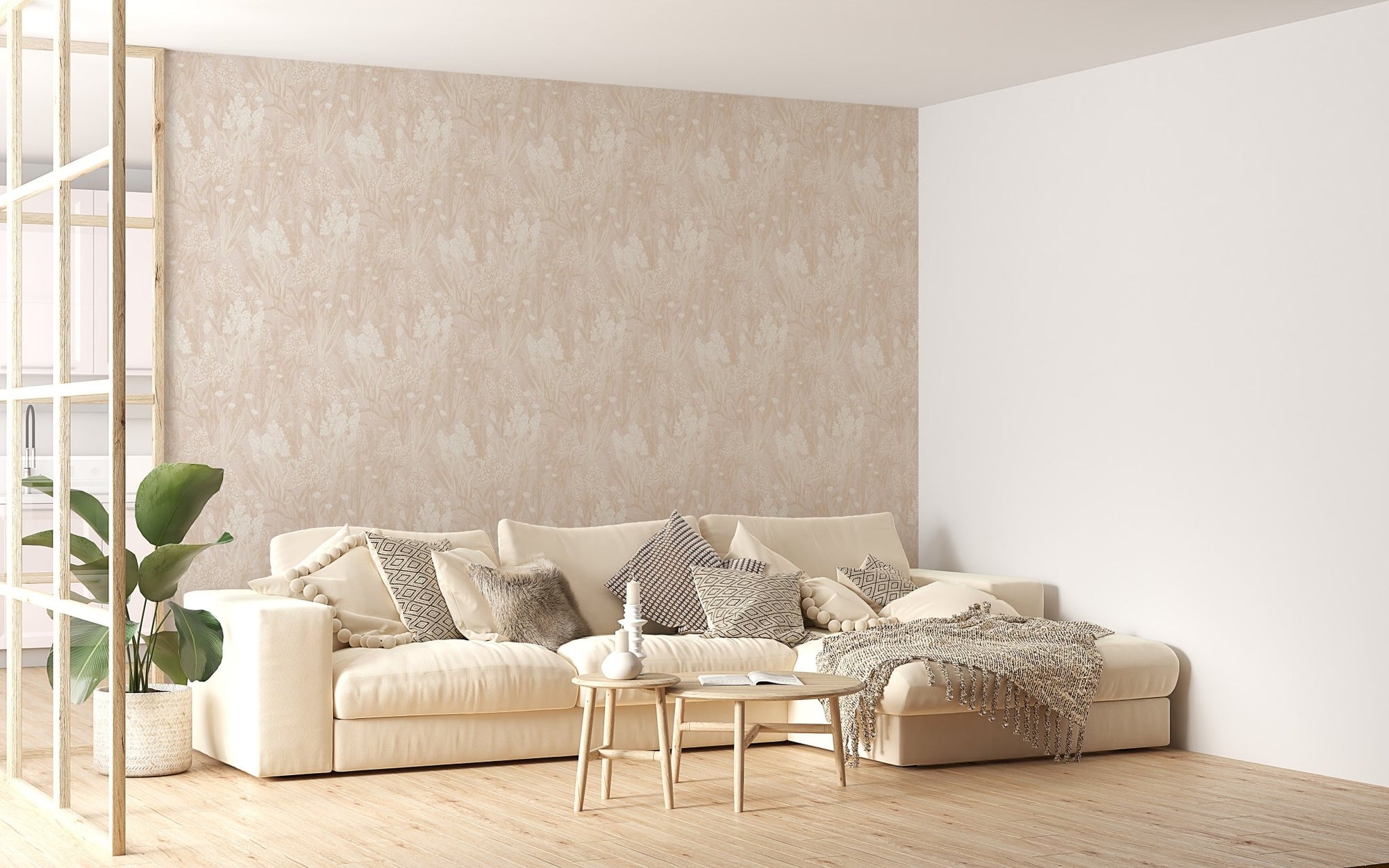 Pink Color Nostalgic Botanical Leaf Pattern Wallpaper in a modern living room