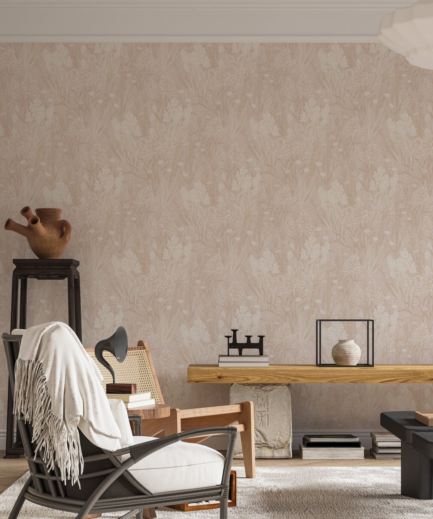 Pink nostalgic wallpaper in a home office with a desk and chair