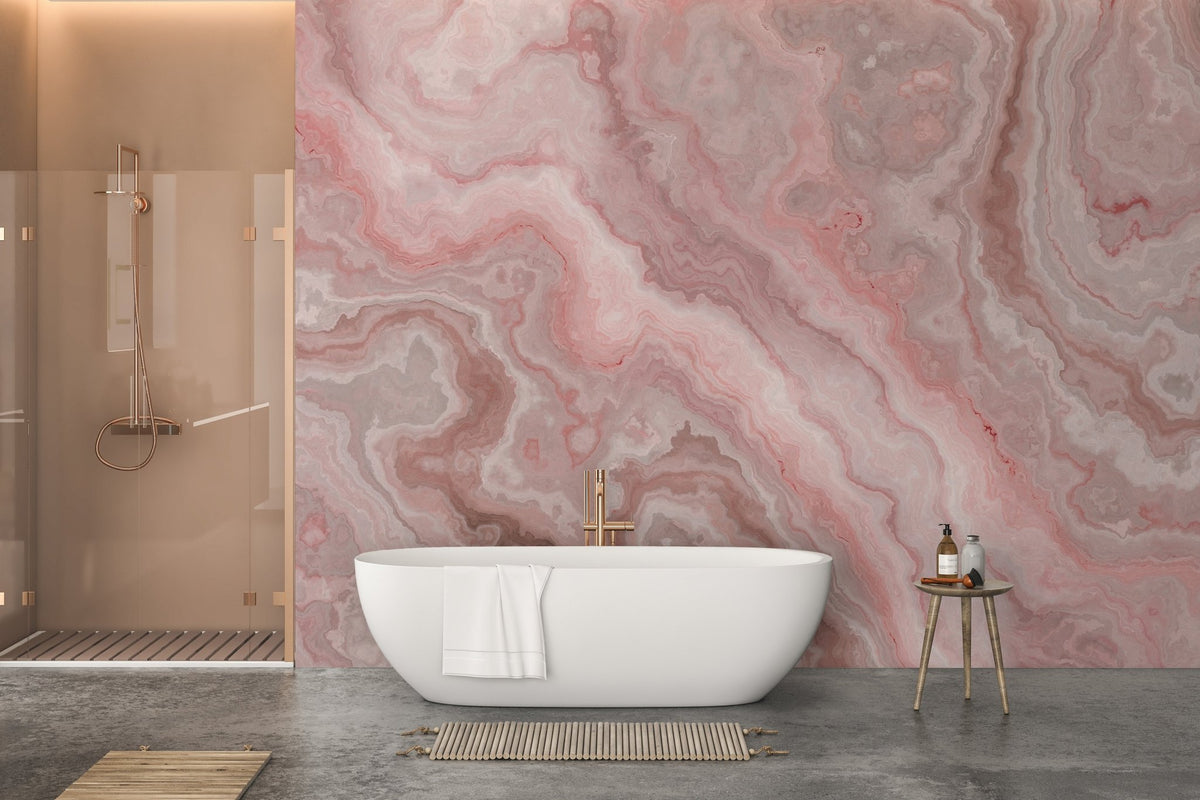 Pink Color Onyx Abstract Marble Wall Murals in modern bathroom with white tub.
