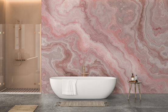 Pink Color Onyx Abstract Marble Wall Murals in modern bathroom with white tub.