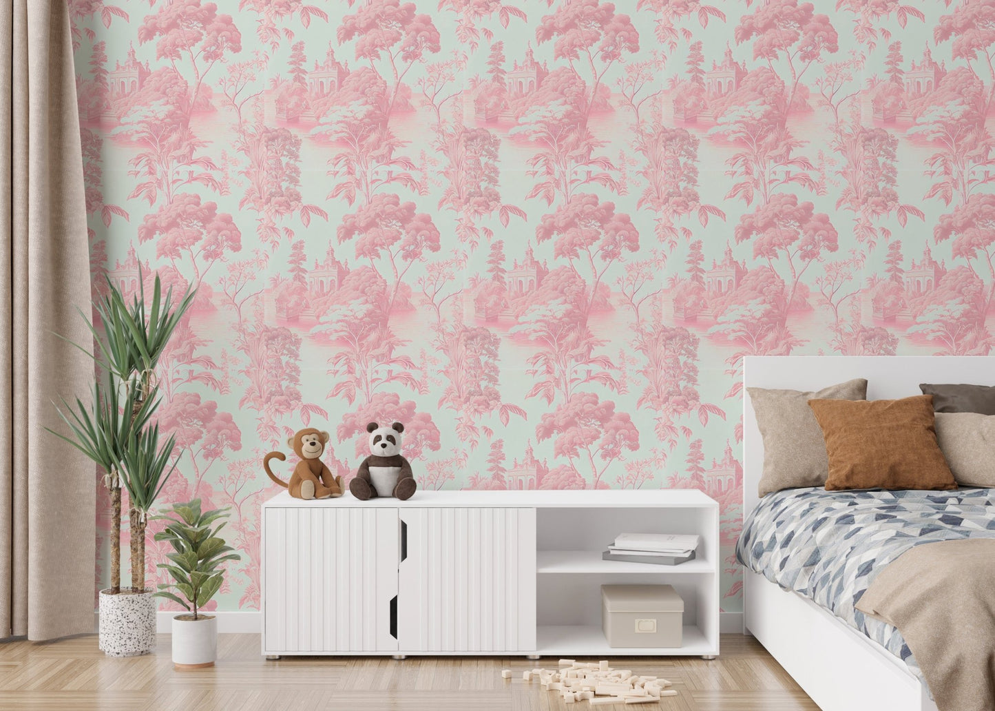 Pink tropical leaf wallpaper in minimalist bedroom with white cabinet