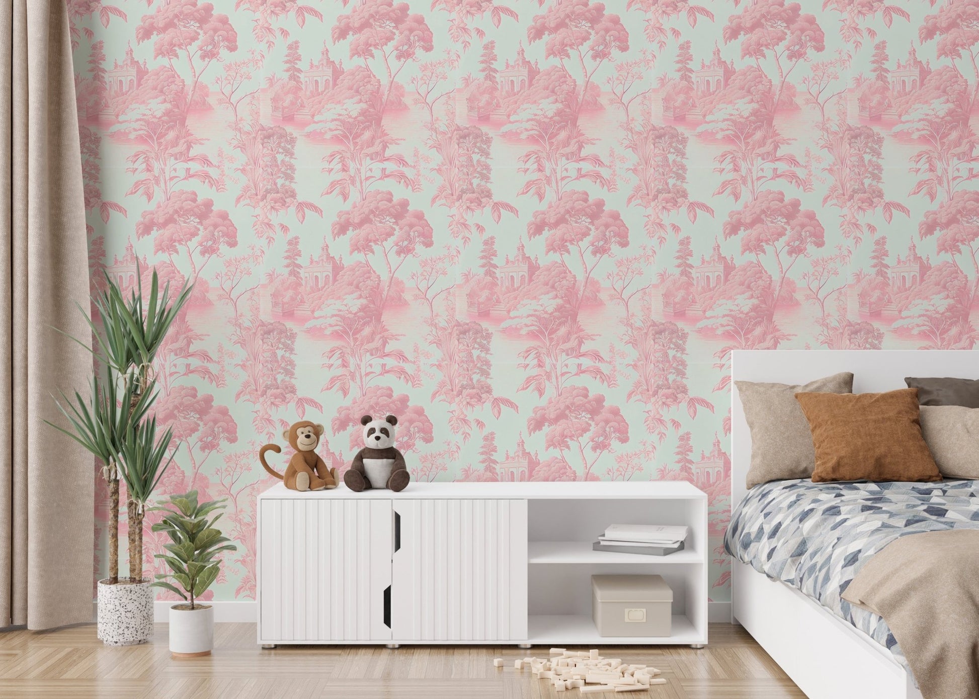 Pink tropical leaf wallpaper in minimalist bedroom with white cabinet