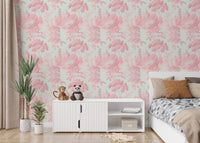 Pink tropical leaf wallpaper in minimalist bedroom with white cabinet