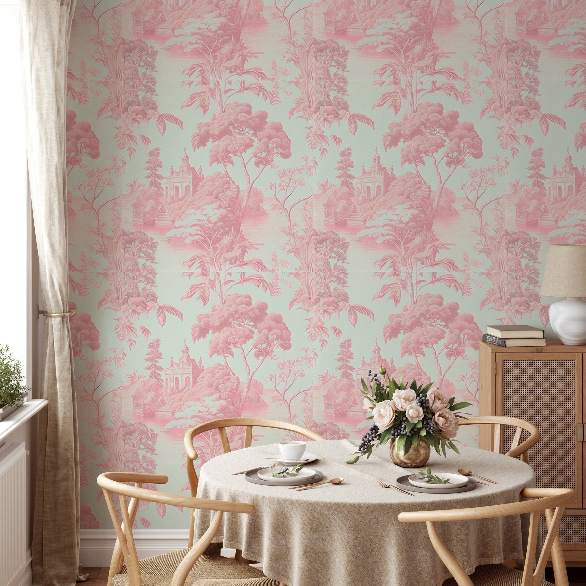 Tropical leaf wallpaper behind round dining table and chairs.