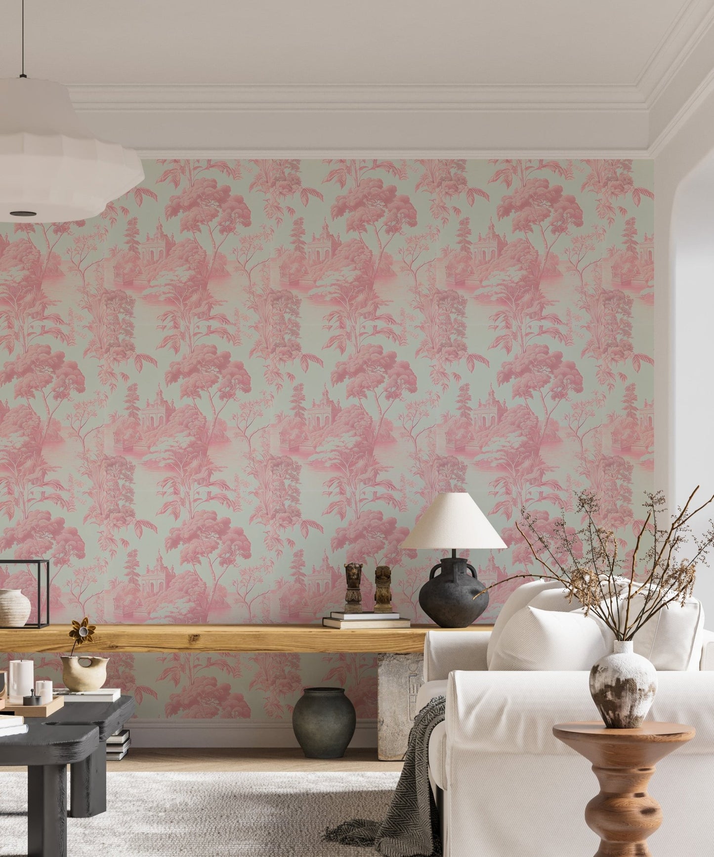 Tropical toile pattern wallpaper behind wooden desk in home.