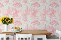 Pink floral wallpaper in kitchen dining space with yellow flowers