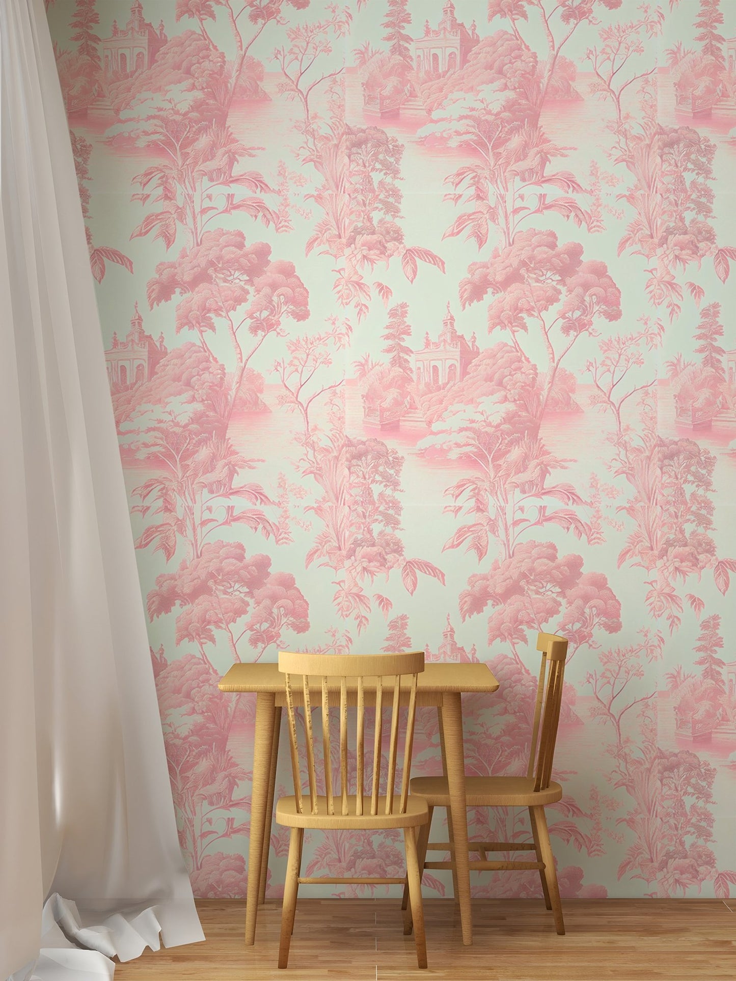 Pink Color Toile Tropical Wallpaper in small dining area with wooden chairs