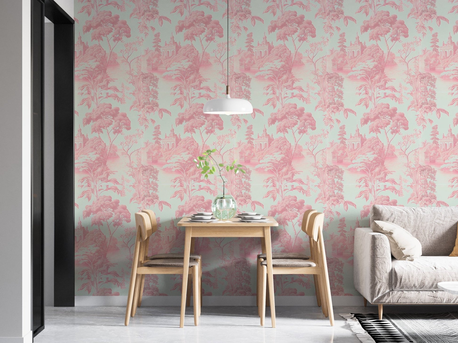 Pink leaf wallpaper in spacious dining room with grey sofa