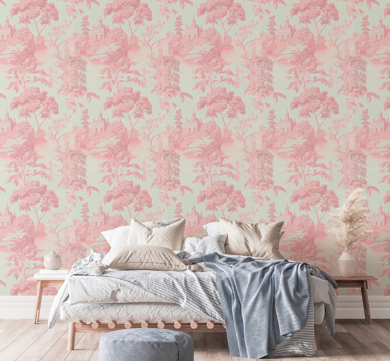 Tropical toile wallpaper on bedroom feature wall with blue bedding