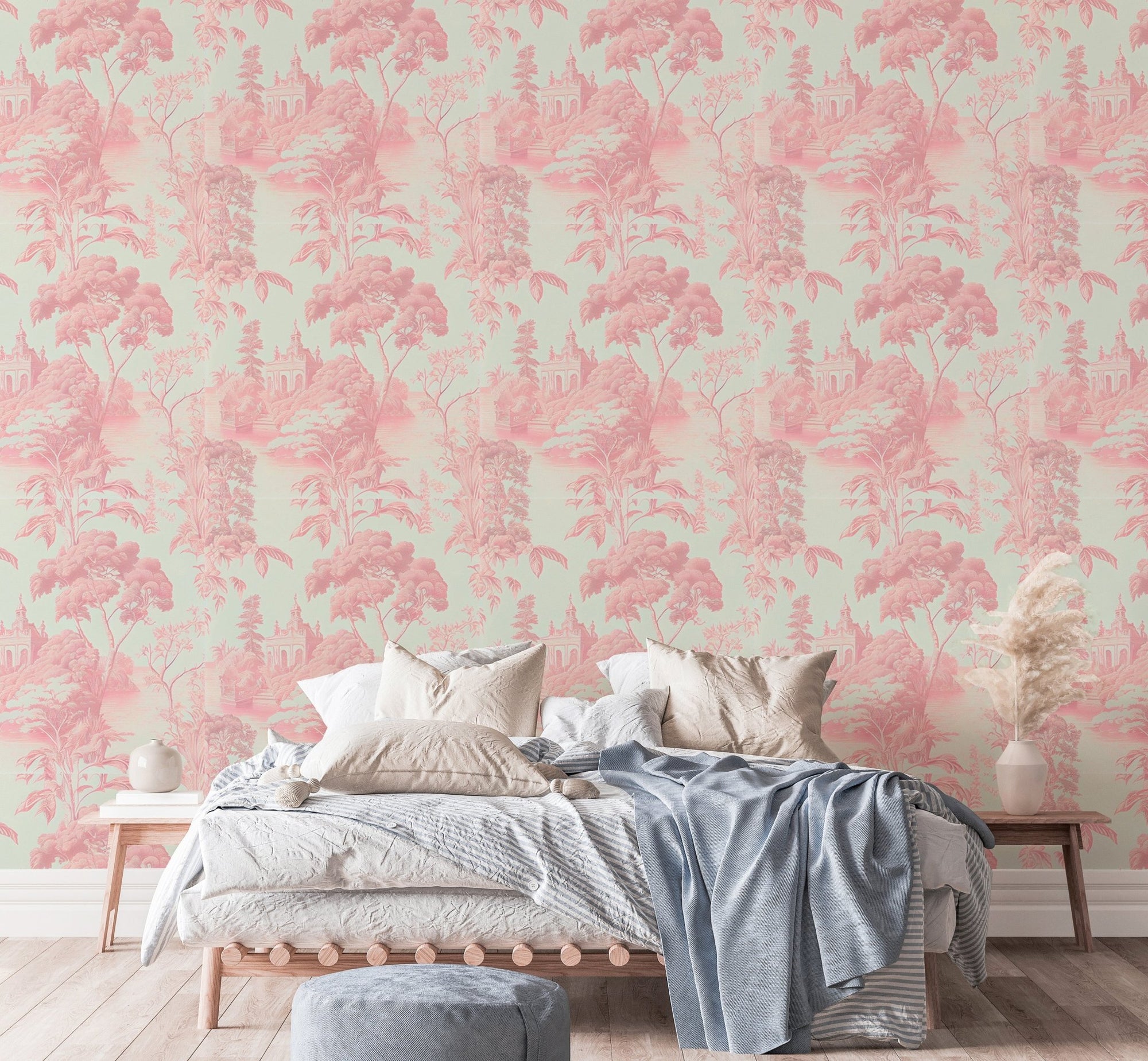 Tropical toile wallpaper on bedroom feature wall with blue bedding