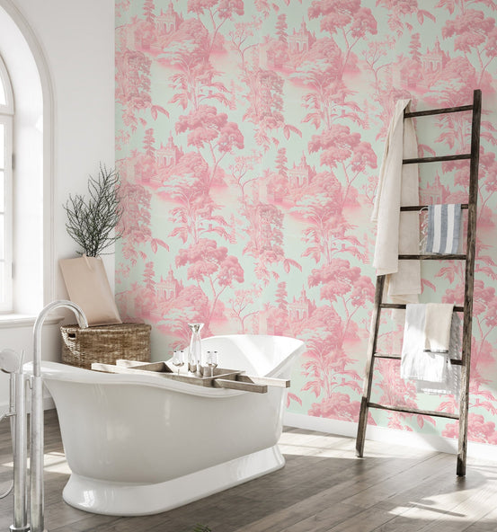 Pink Color Toile Tropical Wallpaper in modern bathroom with white tub