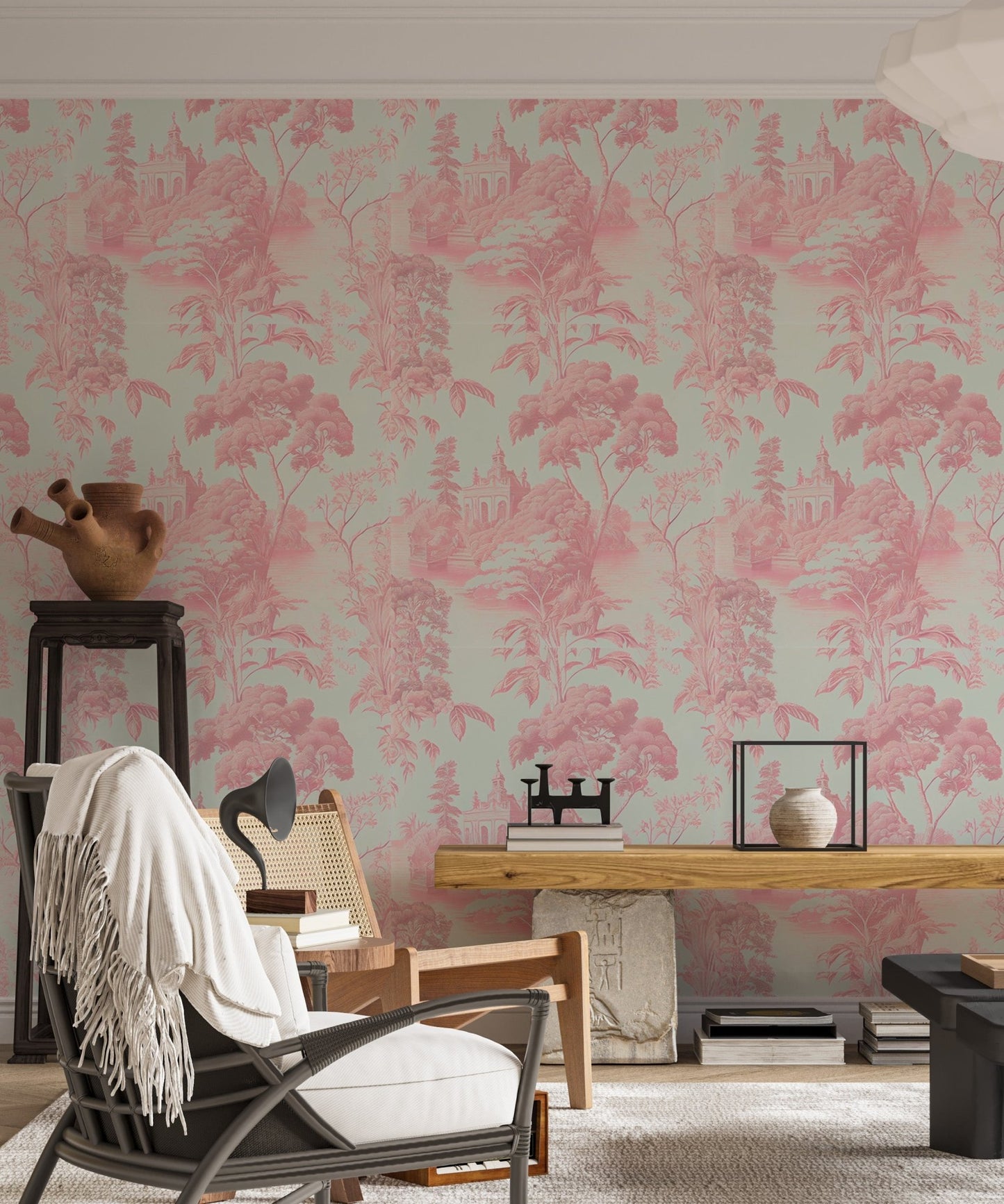 Pink Color Toile Tropical Wallpaper in living room with armchair