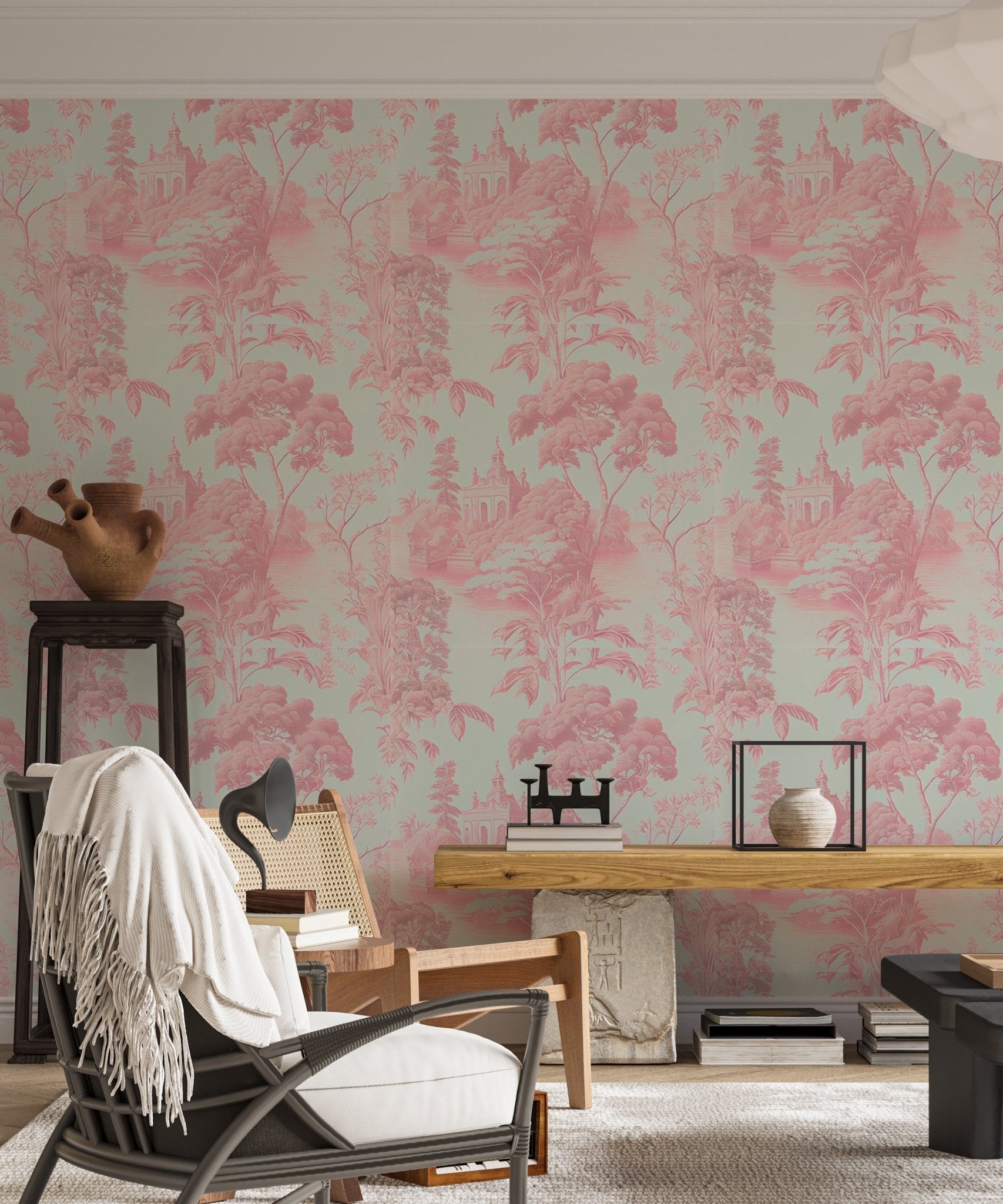 Pink Color Toile Tropical Wallpaper in living room with armchair