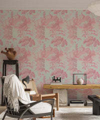 Pink Color Toile Tropical Wallpaper in living room with armchair