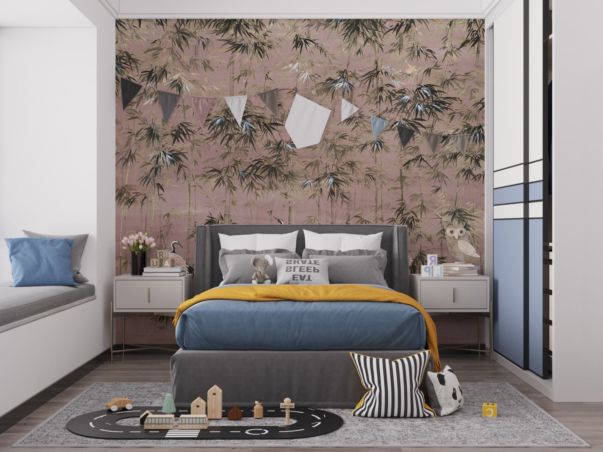 Elegant White Crane on Pink Background Wall Mural in kids bedroom.